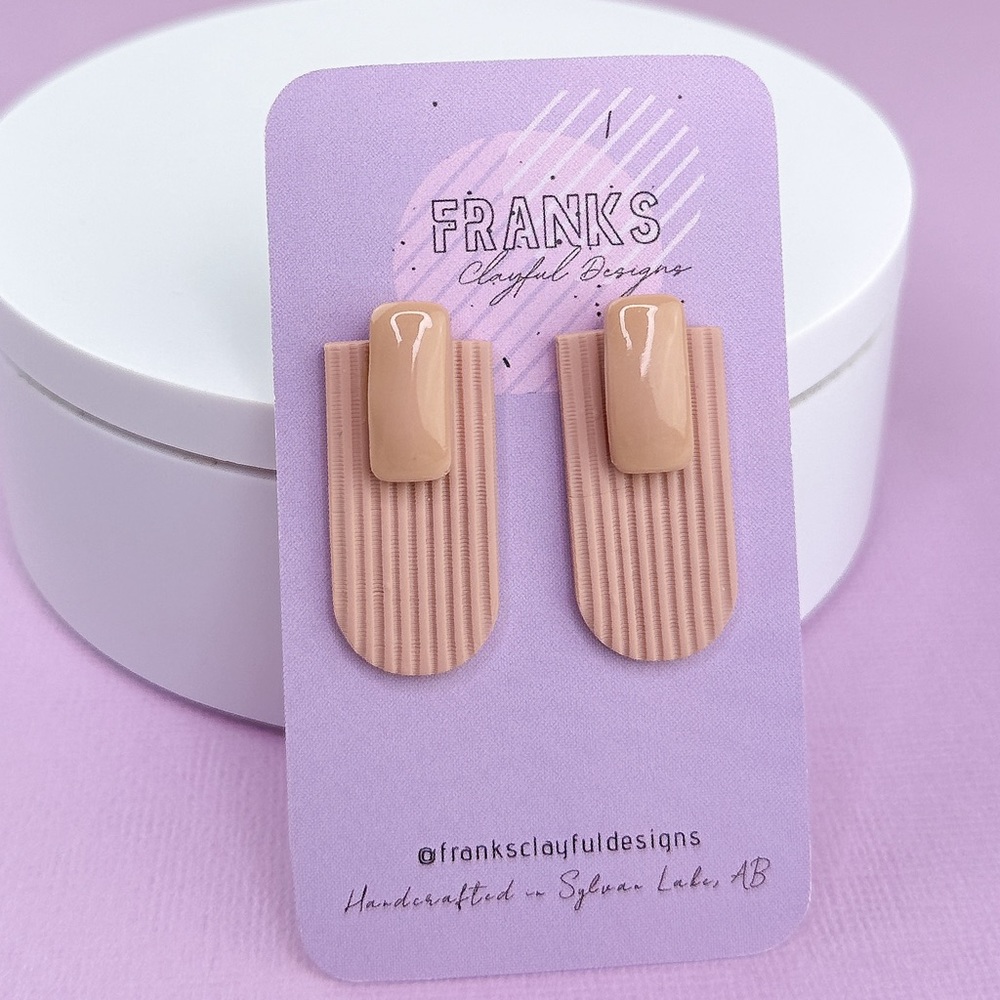 Line Textured Tan Handmade Polymer Clay Statement Stud Earrings